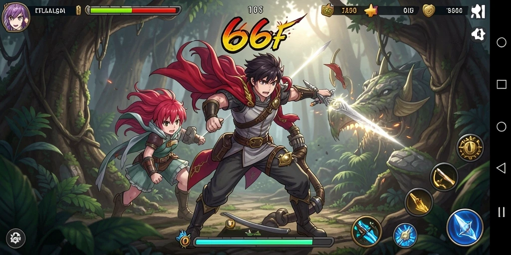 Screenshot permainan 666F yang menunjukkan karakter anime penuh aksi.