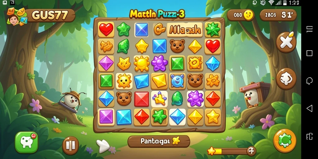 Screenshot GUS77 menampilkan gameplay Match-3 yang seru dan penuh warna.