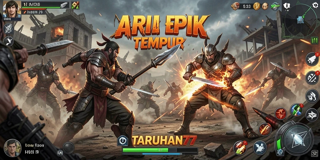 Screenshot TARUHAN77 menampilkan pertarungan epik antar karakter dalam arena.